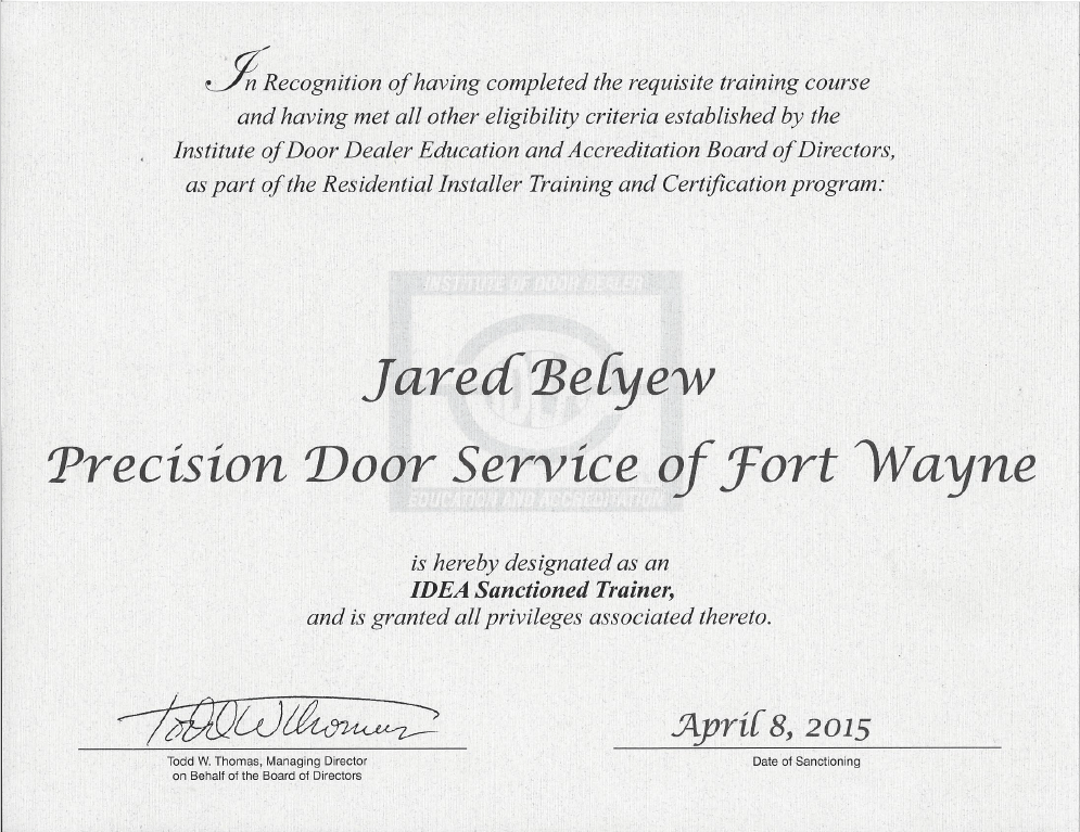 IDEA Certified - Precision Door Service of Fort Wayne